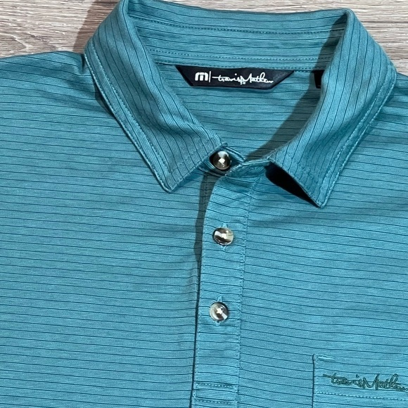 Travis Mathew Medium Knit Stripe Stretch Fitted Polo Shirt Front Pocket - Picture 7 of 9